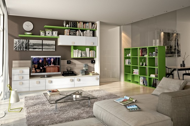 meuble-mural-salon-chêne-module-rangement-vert-blanc