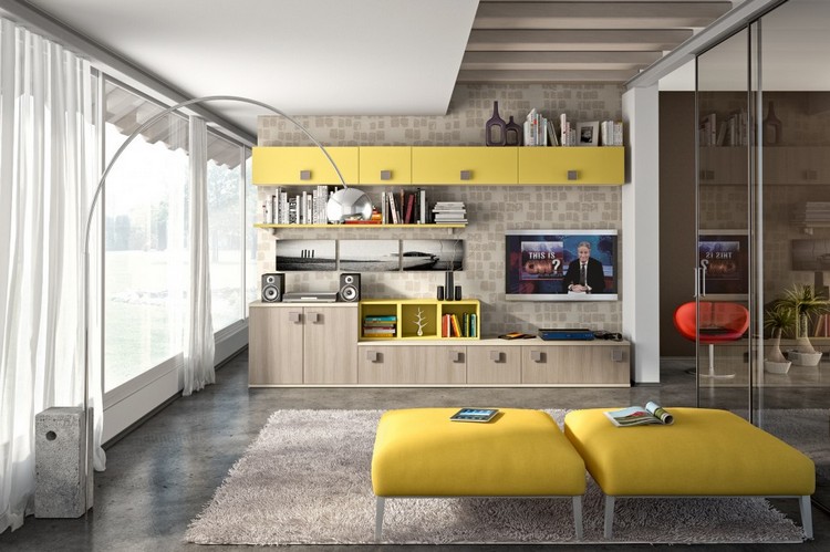 meuble-mural-salon-chêne-modules-jaunes-étagères-ouvertes-tabourets-jaunes