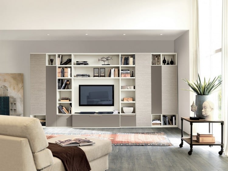 meuble-mural-salon-gris-clair-façade-bois-grisâtre-accents-blancs meuble mural salon