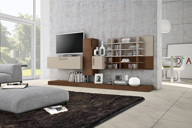 meuble-mural-salon-nuances-bois-clair-sombre-canapé-gris-tapis-marron-foncé meuble mural salon