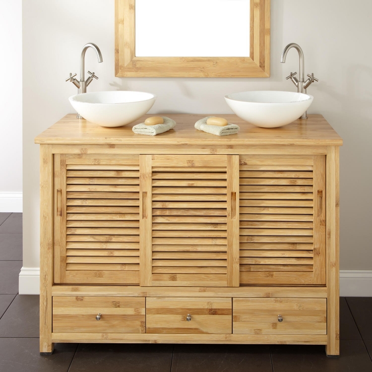 meuble-salle bain bambou 3 portes coulissantes tiroirs rangement
