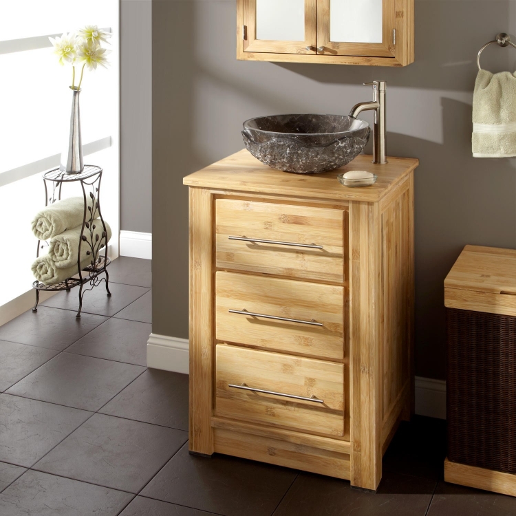 meuble-salle bain bambou 3 tiroirs rangement poigées acier brossé
