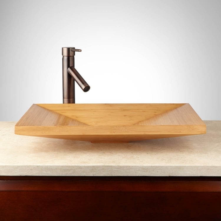 meuble salle bain bambou accessoires vasque carrée travertin