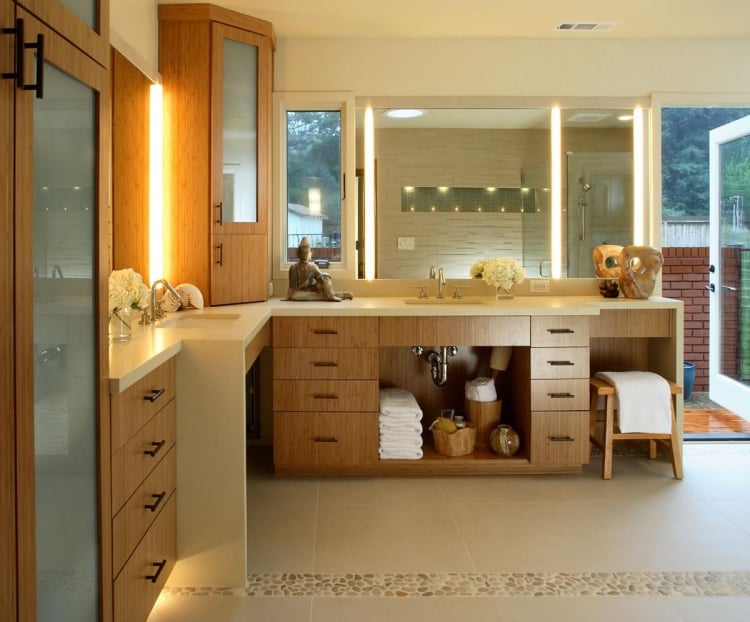 meuble salle de bain bambou design italien carrelage beige galets