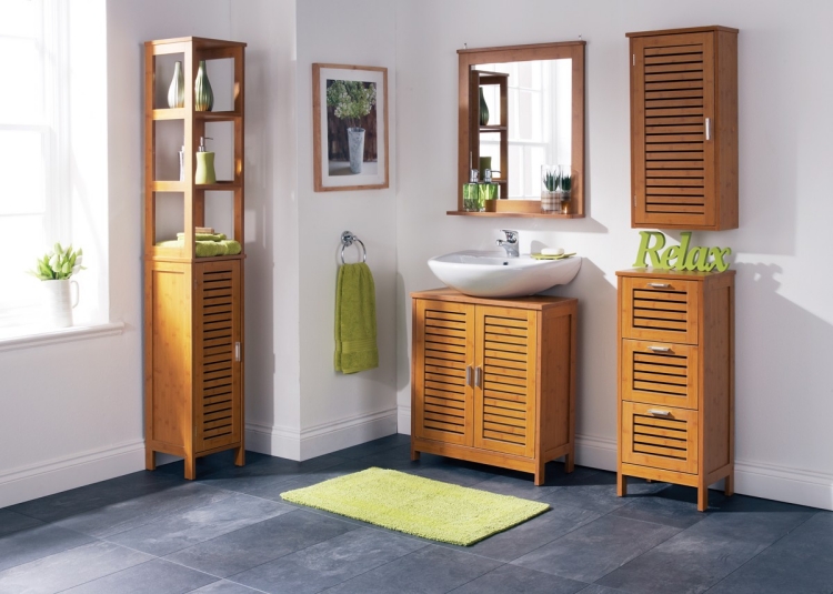 meuble-salle-bain-bambou ensemble rangement portes lamelles