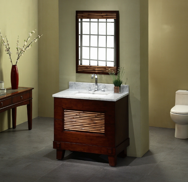 meuble-salle-bain-bambou foncé plan vasque marbre blanc