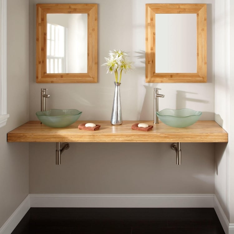 meuble salle bain bambou plan double vasque cadres miroirs