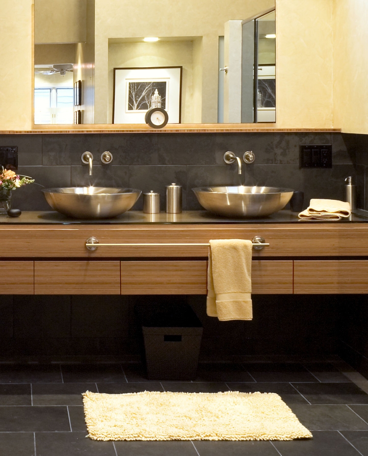 meuble-salle bain bambou porte-serviette vasques poser acier brossé