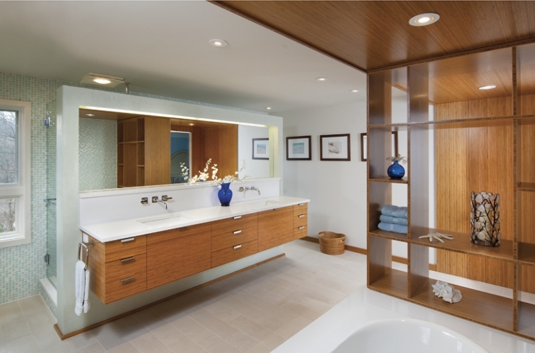 meuble salle de bain bambou suspendu double vasque porte-serviettes
