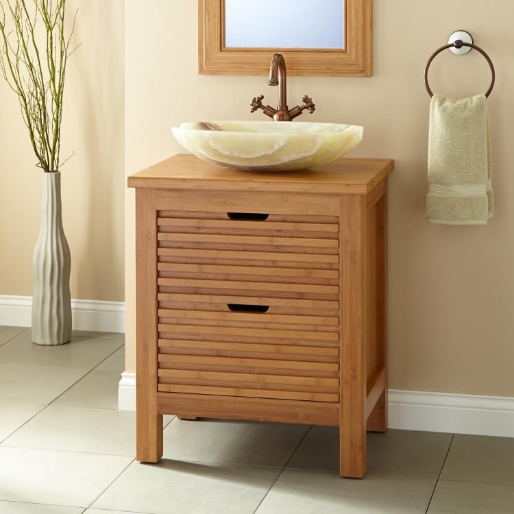 meuble-salle bain bambou vasque pierre naturelle robinet bronze