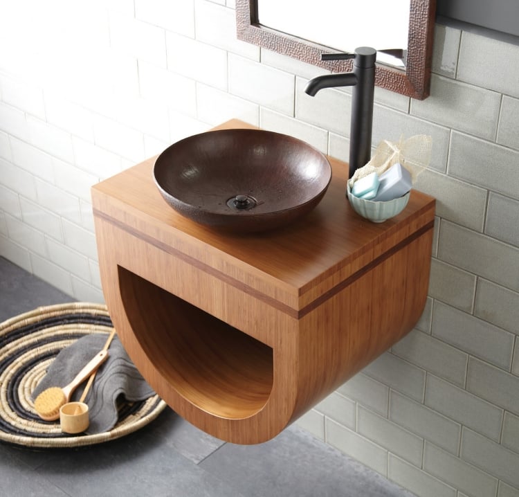 meuble salle de bain bambou vasque poser bronze robinet noir mat