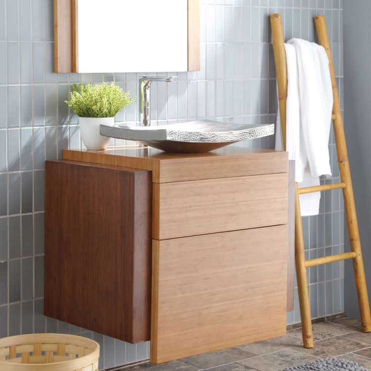meuble-salle bain bambou vasque poser carrée métallique