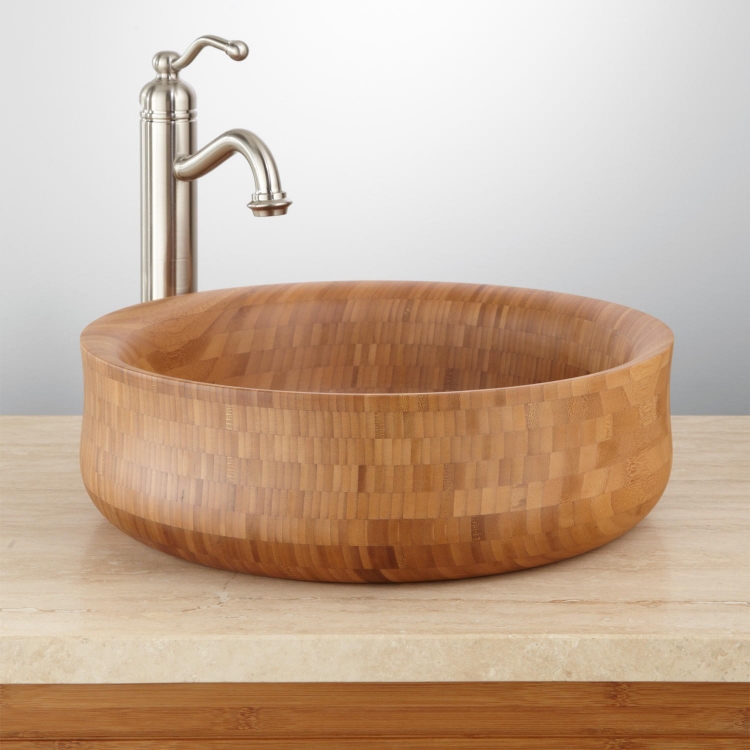 meuble-salle bain bambou vasque poser ronde plan vasque travertin