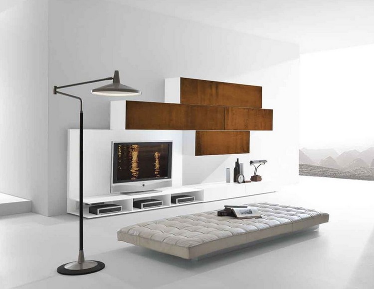 meuble tv blanc minimaliste accents-acier-corten