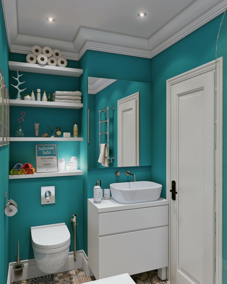 meuble vasque poser blanc wc suspendue peinture turquoise