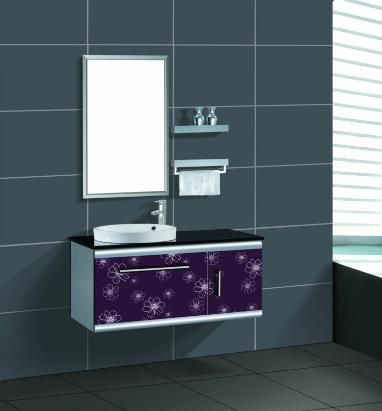 meuble vasque-salle-bain blanc noir violet motifs floraux