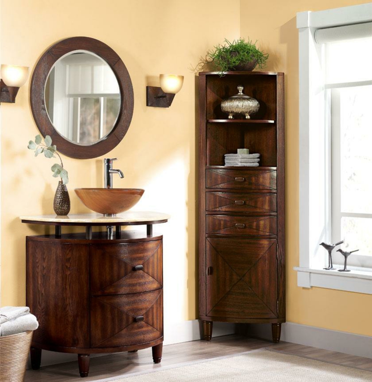 meuble-vasque-salle bain-bois exotique colonne rangement miroir assortis