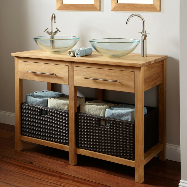 meuble-vasque-salle-bain bois massif vasques poser verre panier