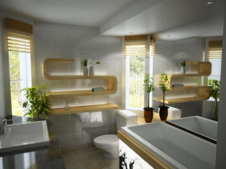 meuble vasque salle-bain plan granite étagères bois lumineuses