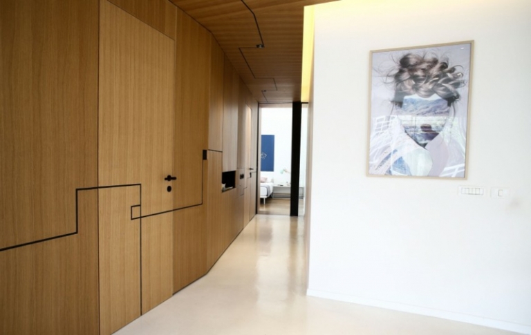 meubles-rangement-bois-massif-tableau-abstrait-couloir