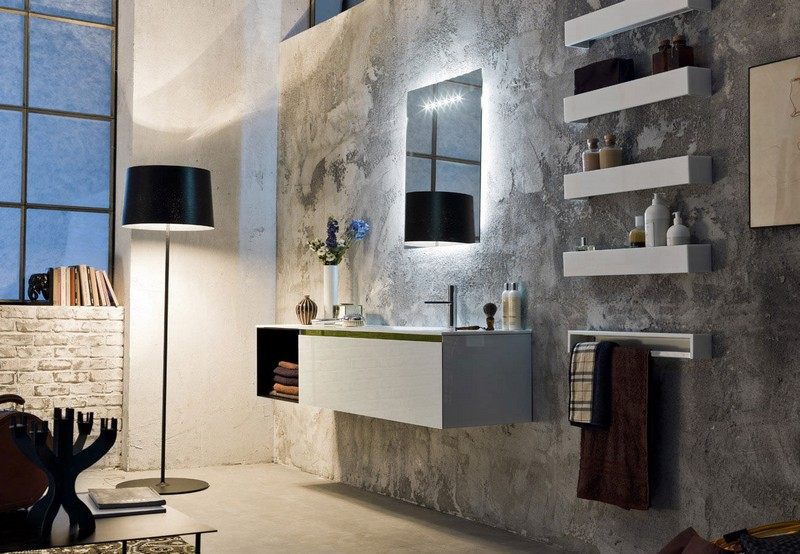 miroir-salle bain lumineux LED Artelinea murs finition béton brut