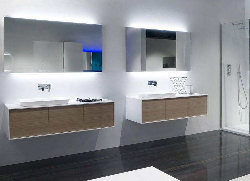miroir-salle-bain lumineux LED meubles suspendus blanc bois clair