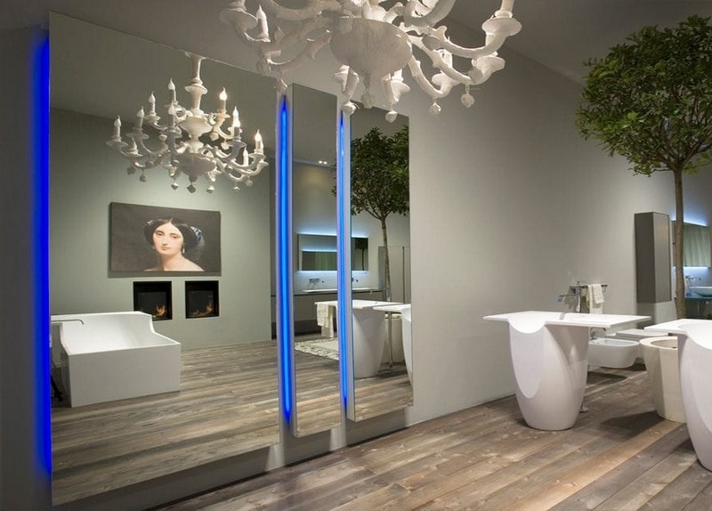 miroir-salle-bain-lumineux colonnes rangement portes miroir rubans LED bleus