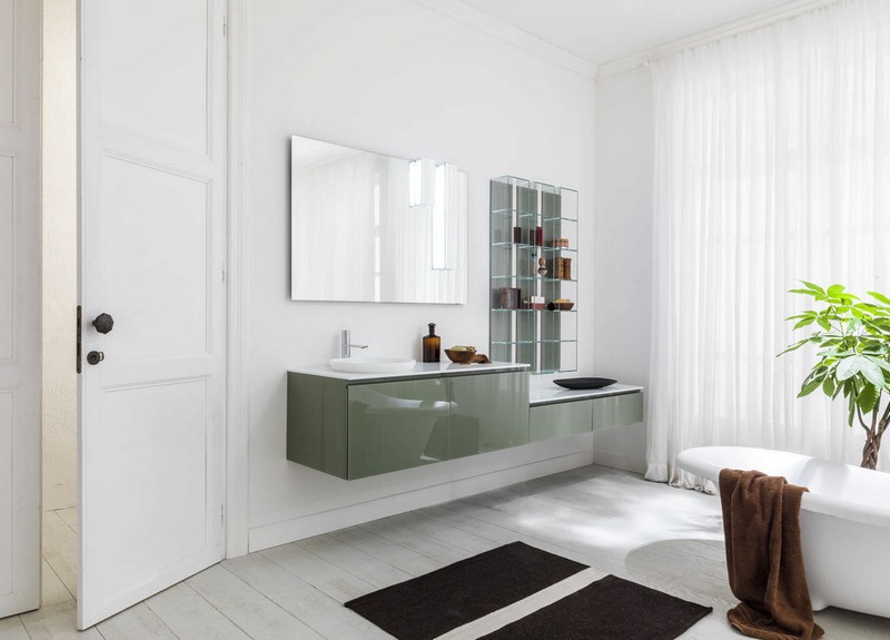 miroir-salle-bain-lumineux design Artelinea meuble suspendu vert olive laqué