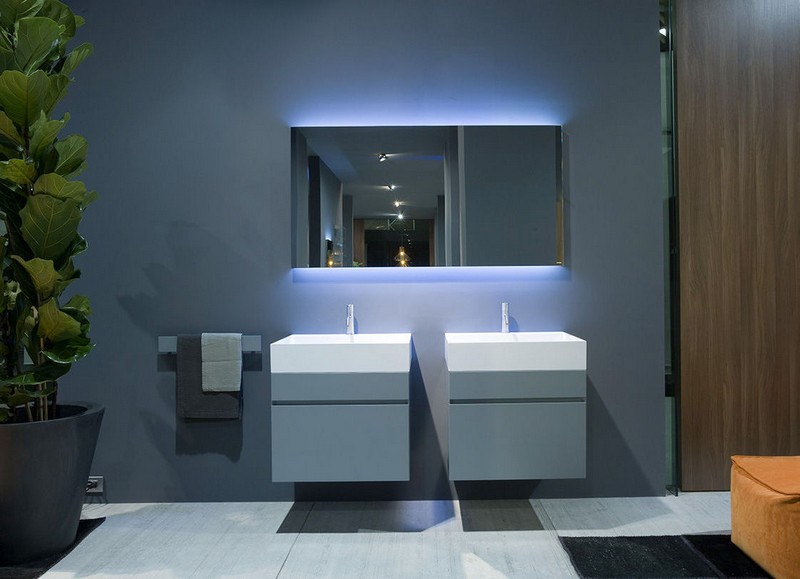 miroir-salle-bain lumineux design double lavabo gris bleu mat