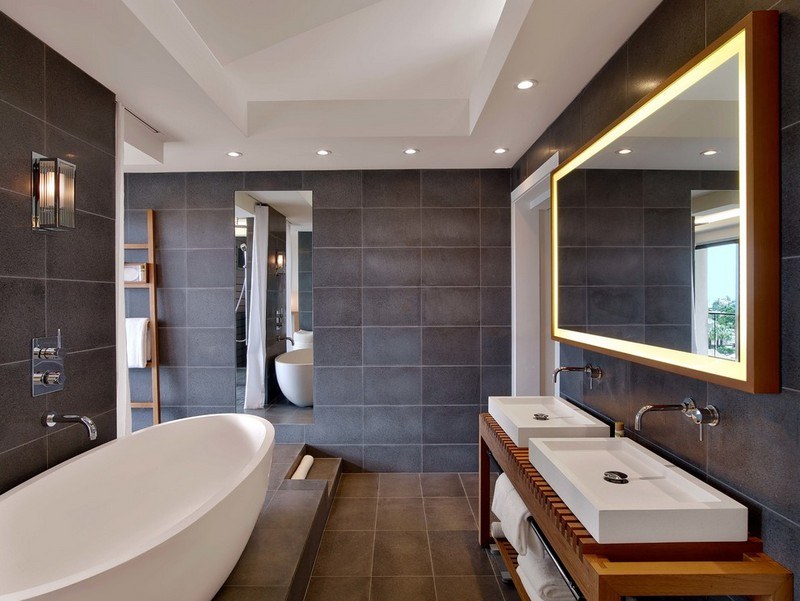 miroir-salle-bain-lumineux design italien cadre bois plan vasques assorti