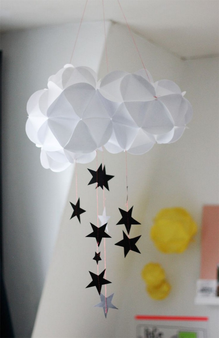 mobile-bébé-DIY-base-nuage-étoiles-noires-grises-suspendues
