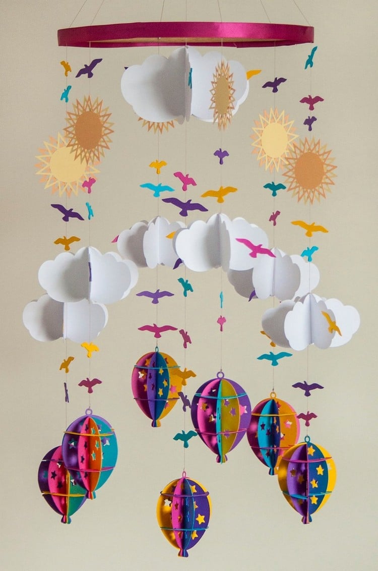 mobile-bébé-DIY-nuages-soleils-oiseaux-ballons-air-chaud-papier-coloré mobile bébé