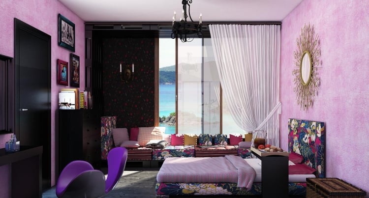 mobilier-chambre-fille-ado-peinture-murale-rose-miroir-soleil-canapé-modulable-bariolé