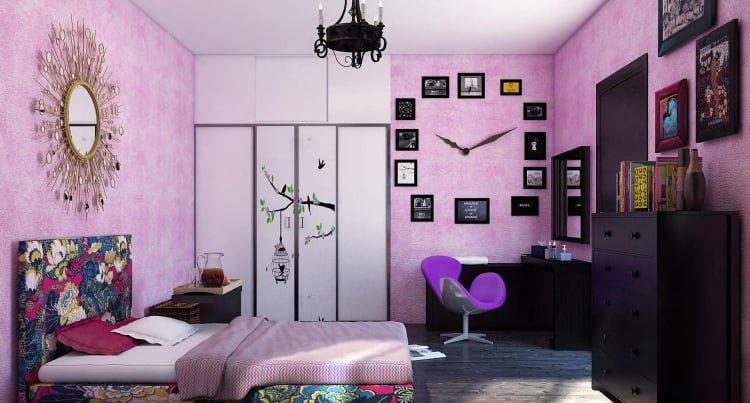 mobilier-chambre-fille-ago-lit-motif-bariolé-miroir-soleil-mobilier-noir-papier-peint-rose