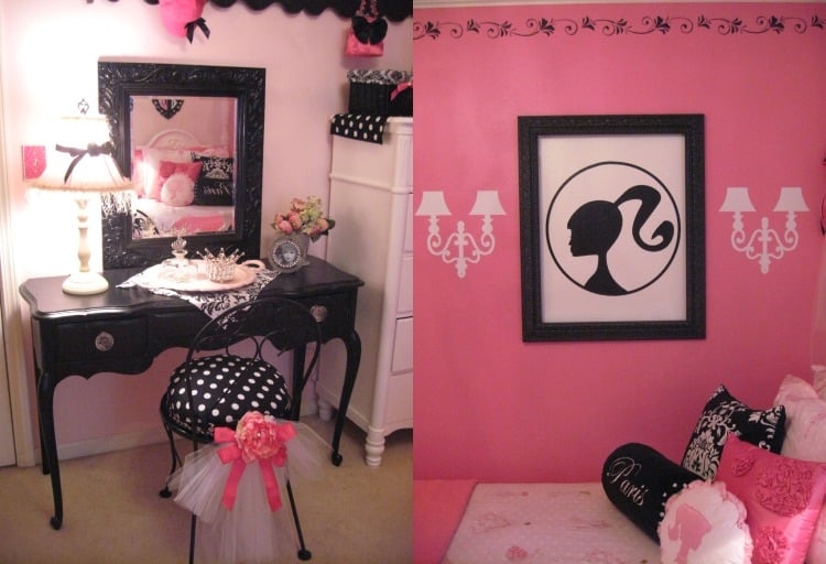 mobilier-chambre-fille-coiffeuse-noire-vintage-peinture-mrale-rose-stickers-appliques-blanches