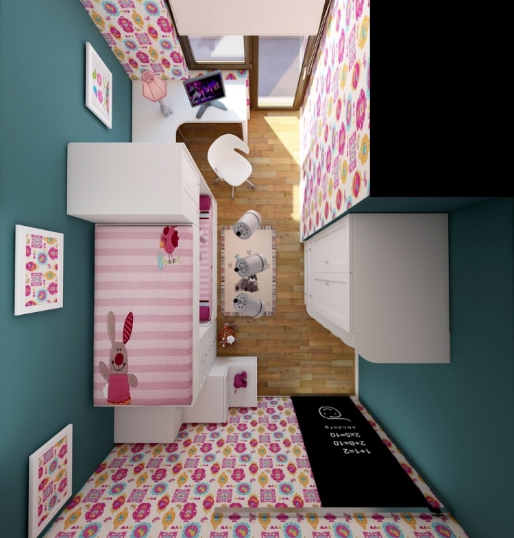 mobilier-chambre-fille-lit-superposé-armoire-blanche-papier-peint-motifs-colorés