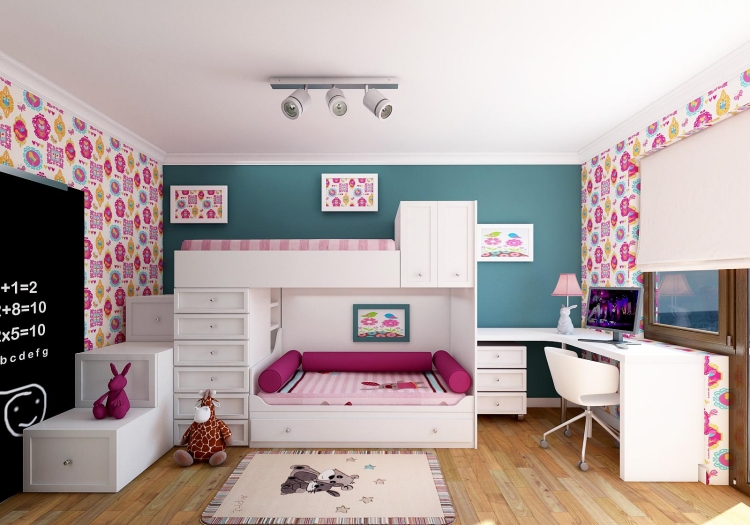 mobilier-chambre-fille-lit-superposé-blanc-papier-peint-moifs-rose-jaune-bleu-bureau-angle 