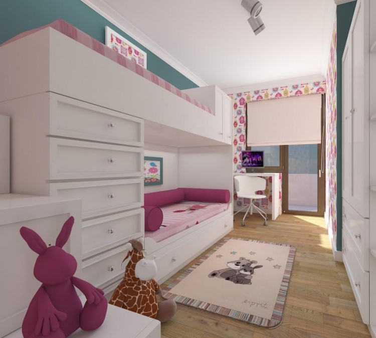 mobilier-chambre-fille-lit-superposé-blanc-tiroirs-tapis-blanc-imprimé-ours-lapin