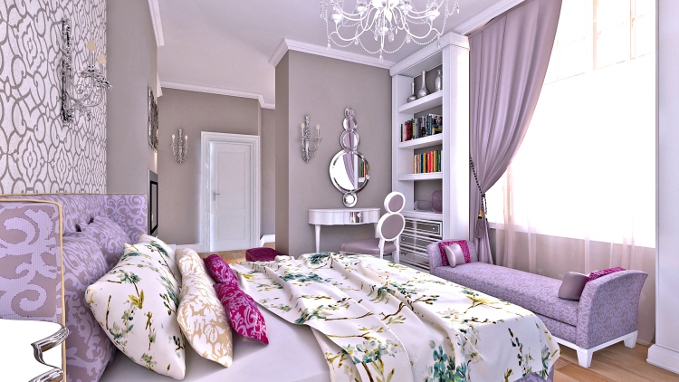 mobilier-chambre-fille-méridienne-lavande-rideaux-literie-motifs-floraux-peinture-murale-nuance-lilas