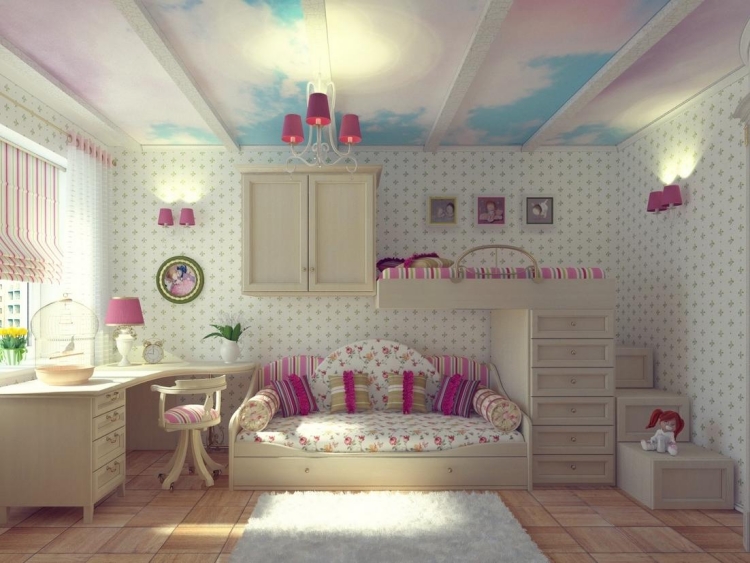 mobilier-chambre-fille-papier-peint-blanc-croix-grises-lsutre-vintge-rose-faux-plafond