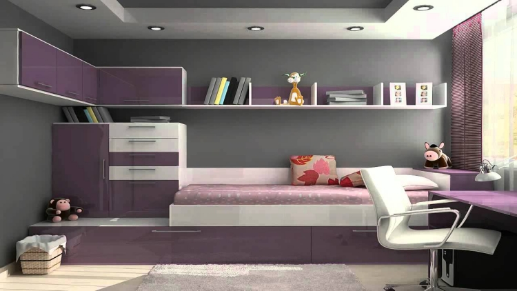 mobilier-chambre-fille-peinture-murale-grise-lit-rangement-tiroirs-lilas