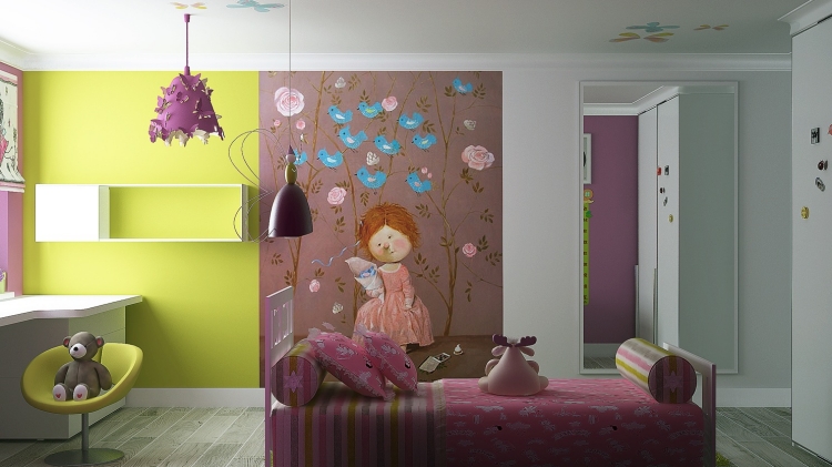mobilier-chambre-fille-peinture-murale-jaune-lilas-meuble-bureau-sticker-mural mobilier chambre fille