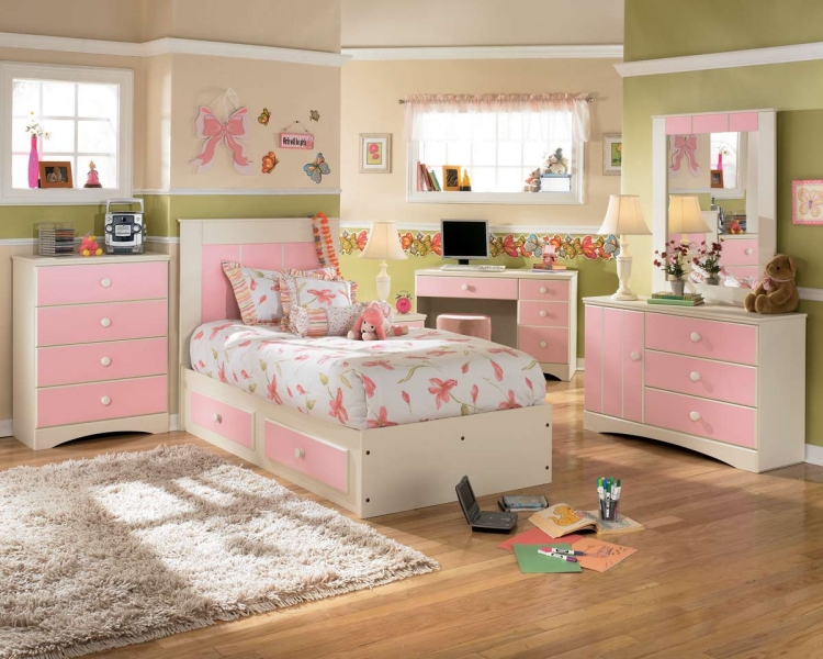 mobilier-chambre-fille-peinture-murale-jaune-vert-mobilier-ensemble-rose
