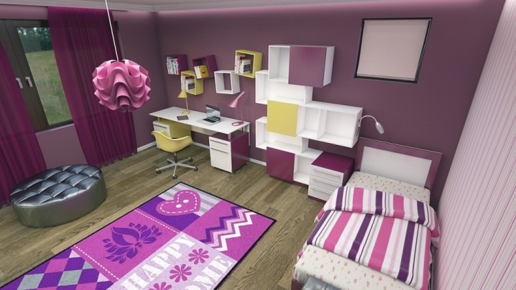 mobilier-chambre-fille-peinture-murale-pourpre-tapis-rose-lilas-tabouret-argent