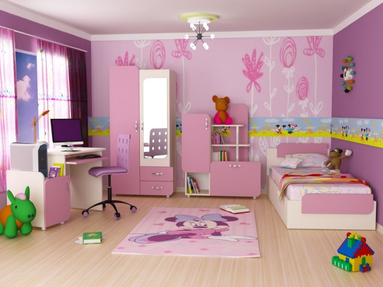 mobilier-chambre-fille-peinture-murale-rose-motifs-floraux-meuble-bureau