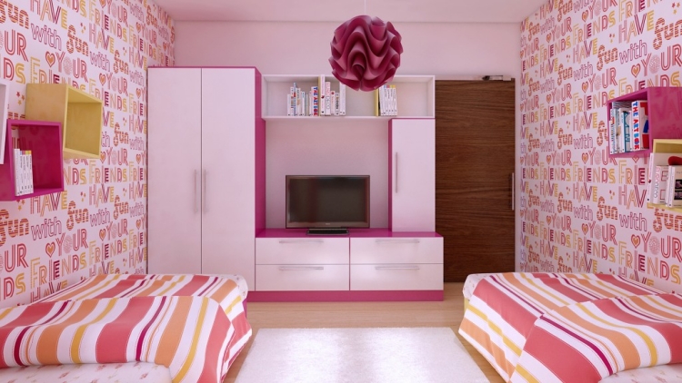 mobilier-chambre-filles-soeurs-modules-muraux-rose-jaune-meuble-rangement-blanc-rose mobilier chambre fille