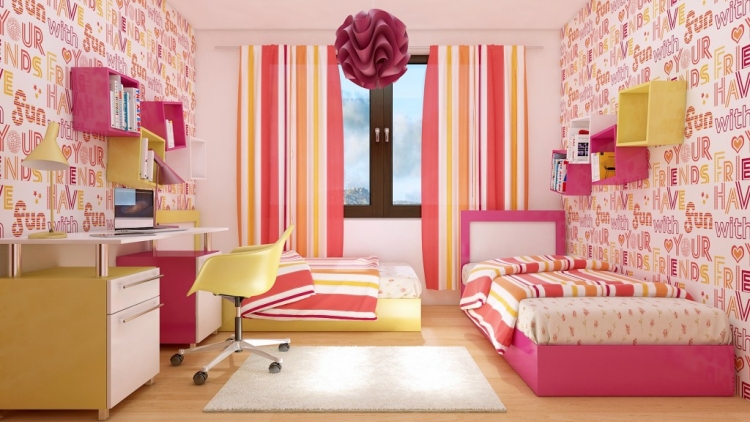 mobilier-chambre-filles-soeurs-papier-peint-motif-lettres-meuble-bureau