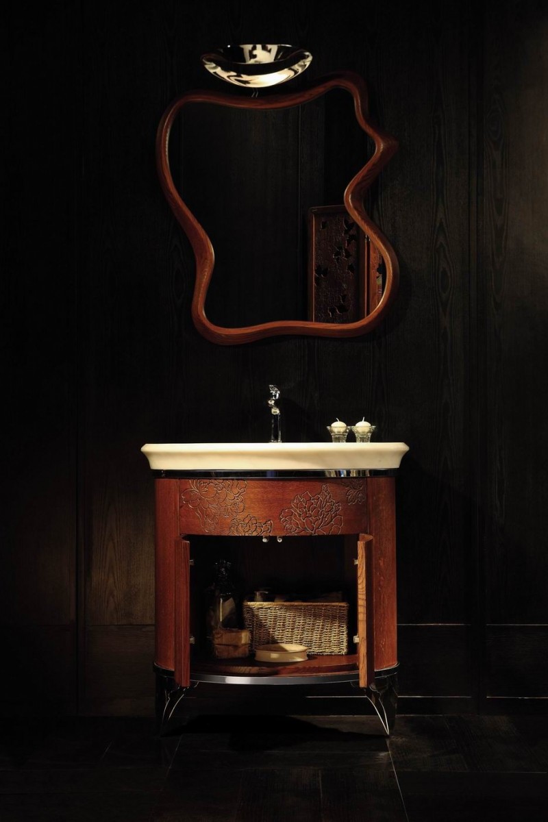 mobilier-salle-bains-design-Vanilla-Sky-collection-meuble-vasque-bois-miroir-design-asymétrique mobilier salle de bains design
