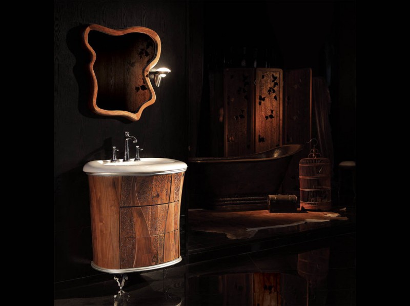 mobilier-salle-bains-design-meuble-sous-vasque-bois-pied-métal-vasque-marbre-miroir-cadre-bois mobilier salle de bains design