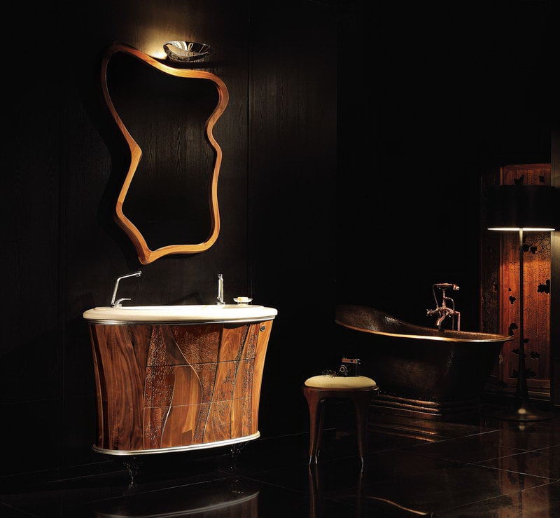 mobilier-salle-bains-design-meuble-sous-vasque-tiroirs-ornements-cadre-miroir-asymétrique-bois